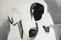 黑白抽象图画。每年的SFMFA艺术品销售，塔夫茨博物馆学校的筹款机将于11月9日至23日举行