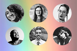 六人肖像反对彩虹色的背景。TUFTS LGBTQ学生，教师和工作人员描述了可见，战斗歧视，以及寻找社区