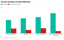 一张图表显示了不同种族对疫苗的犹豫不决，非西班牙裔白人和非西班牙裔黑人的犹豫不决率都在18%左右