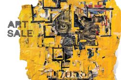 在为SMFA艺术品拍卖做广告的一幅画中，一个男人的眼睛从橘黄色前景后面凝视着